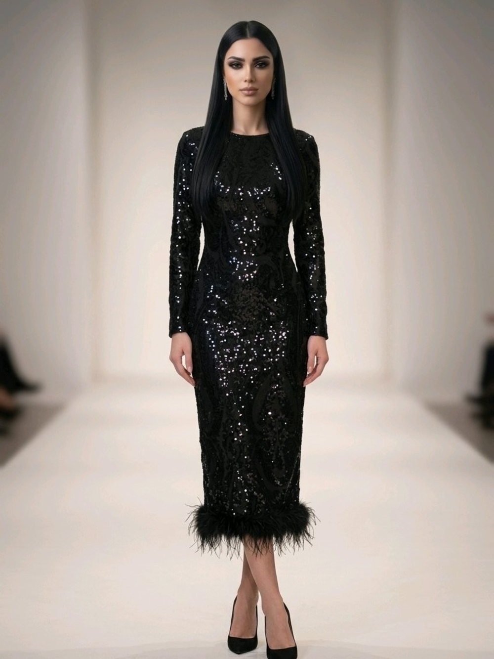 Black Sequin Long Sleeve Midi Dress with Feather Hem